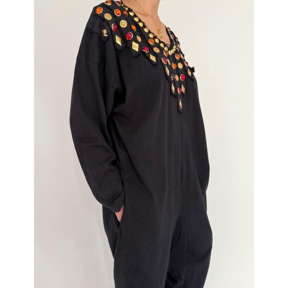 80s black embellished funky crazy one piece long sleeved cotton pant jumpsuit - Picture 7 of 9